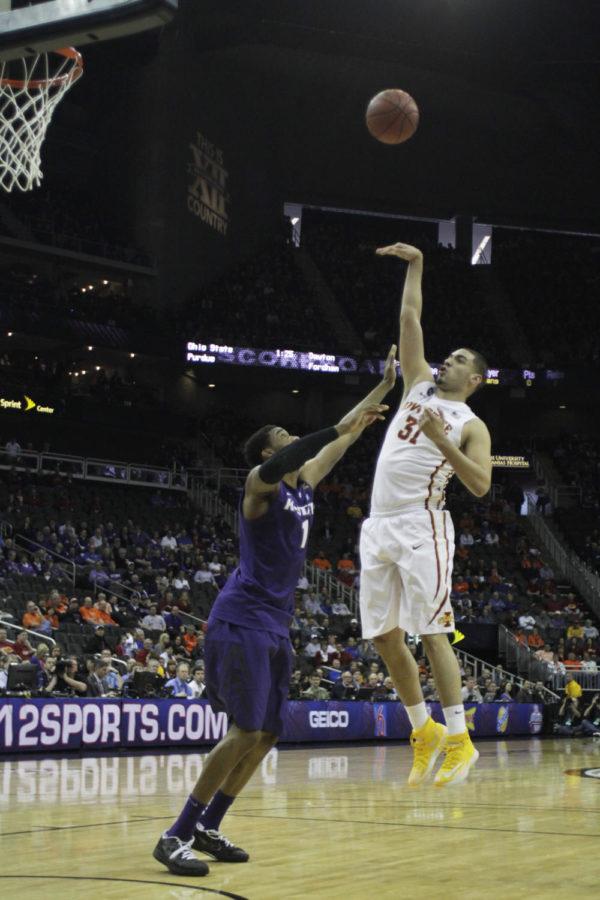 Sophomore forward Georges Niang shoots against Kansas State during the Big 12 Championships in Kansas City March 13. The Cyclones defeated the Wildcats 91-85. Niang had 18 points for Iowa State in 28 minutes of play.