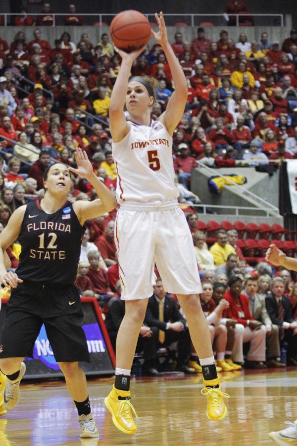 Senior forward Hallie Christofferson shoots against Florida State on March 22. Iowa State fell to Florida State 55-44 in the first round of the NCAA Tournament in Ames. In her final game in an ISU uniform, Christofferson had 13 points.