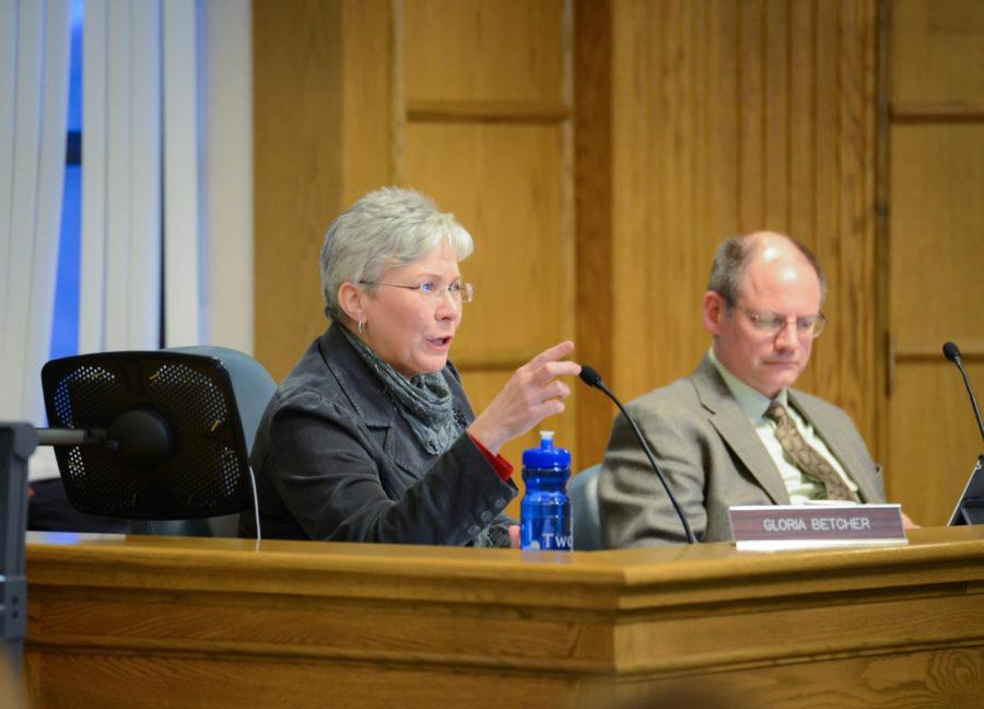 Gloria Betcher comments during the Ames City Council meeting on April 8 at City Hall.