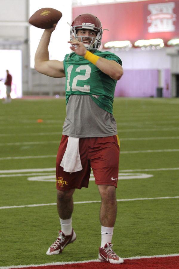 Redshirt junior quarterback Sam Richardson performs a drill during the Cyclone football teams spring practice at the Bergstrom Football Complex on March 10.