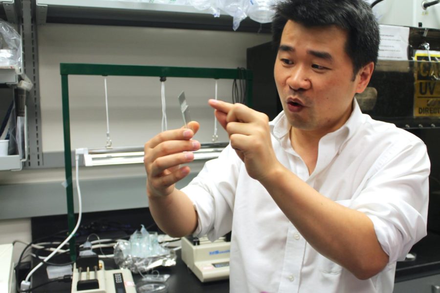 Liang Dong, associate professor of electrical and computer engineering, presents the mold for an underground device that can collect real time data on soil conditions and plant genomes using electronic microchips. Dong aims to employ this technology for large scale purposes, such as monitoring crop plant growth, explaining that the method to manufacture his device is inexpensive and mass replicable, borrowing similar characteristics akin to computer chip production. 