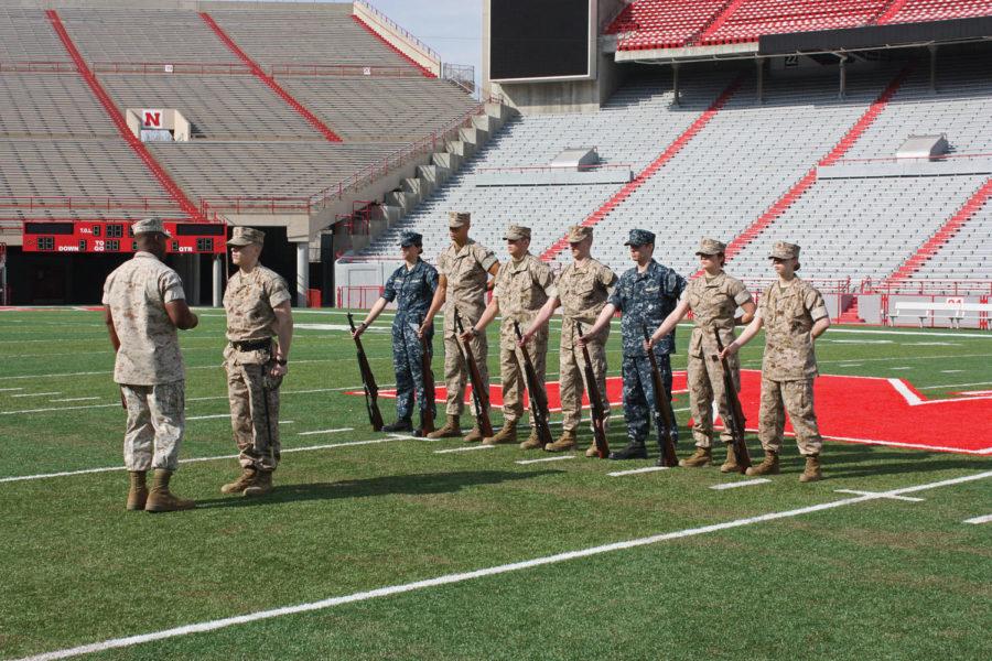 The Cyclone Drill Team are judged during their squad drill which they took first place in. The team got second overall in the Great Plains NROTC Competition. Iowa State had 19 marine and navy midshipmen participate in the competition.
