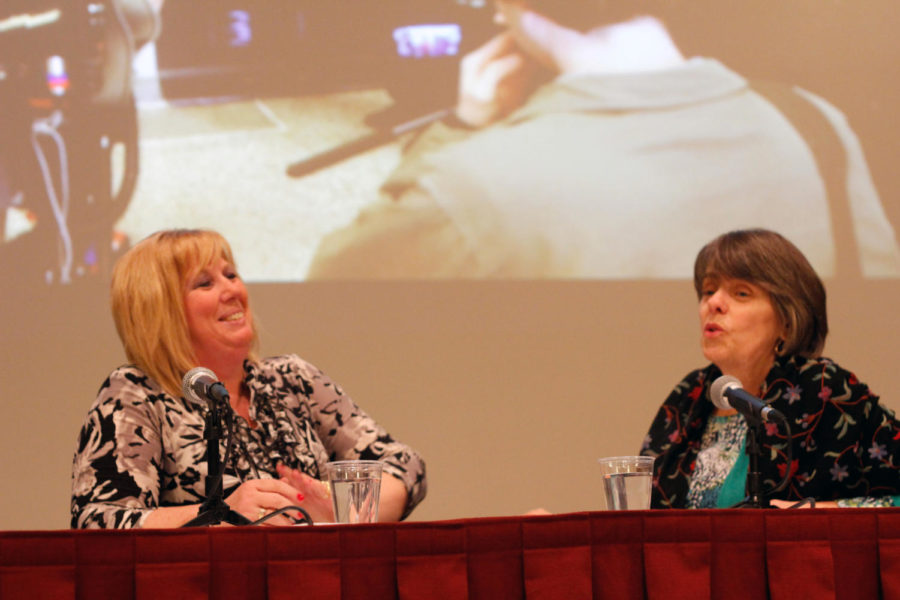 Cathy Kuhlmeier Frey, left, and Mary Beth Tinker, right, discuss the U.S. Supreme Court cases that they testified in. They discussed these landmark free-speech cases April 17 at the Memorial Union.