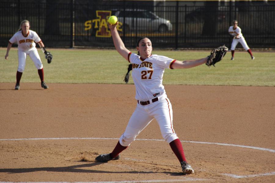 Junior Paris Imholz pitches against Texas on Friday, April 11. The Cyclones fell to the Longhorns 2-0 in the second game of the series.