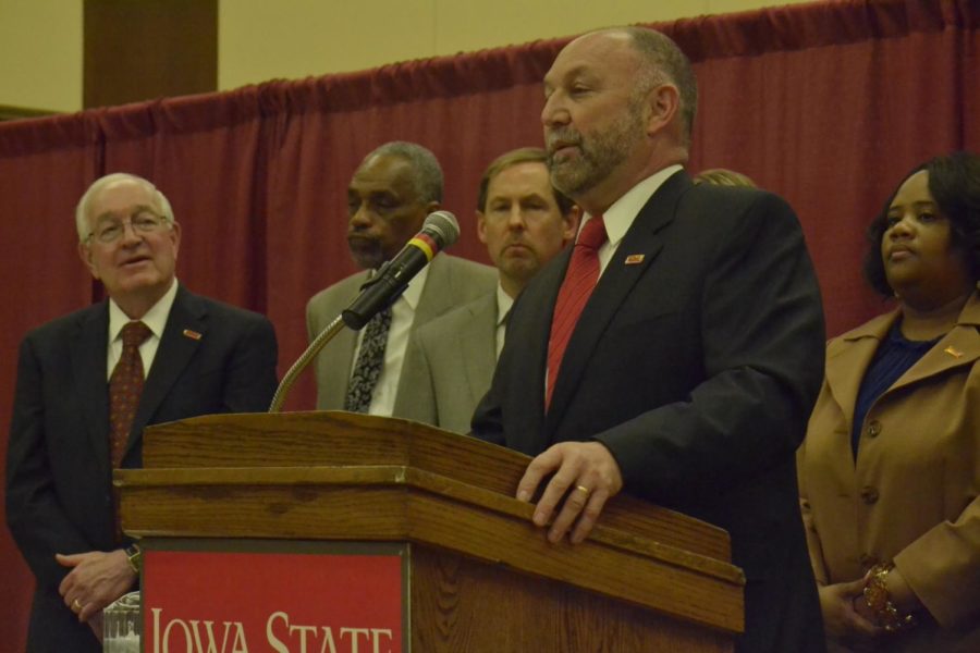 During a press conference, President Steven Leath cancels Veishea 2014 starting at 5 p.m. April 9. 