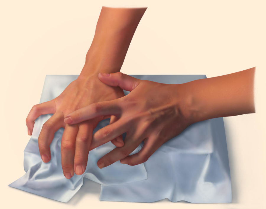 This hand study by Caitlin Mock, senior in biological and pre-medical illustration, is a digital painting created in Photoshop.