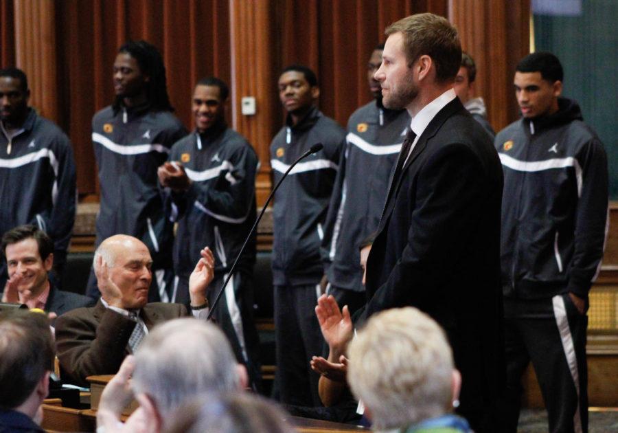 The ISU mens basketball team is honored at the Iowa State Capitol on Monday, April 14 in Des Moines. ISU coach Fred Hoiberg spoke in the House of Representatives and Senate about a season that saw the Cyclones win a Big 12 tournament championship and earn a berth in the Sweet 16 of the NCAA tournament.