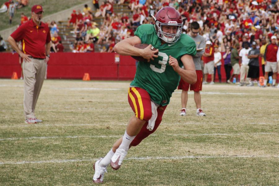 Redshirt sophomore Grant Rohach runs a touchdown at the Iowa State spring football game April 13.
