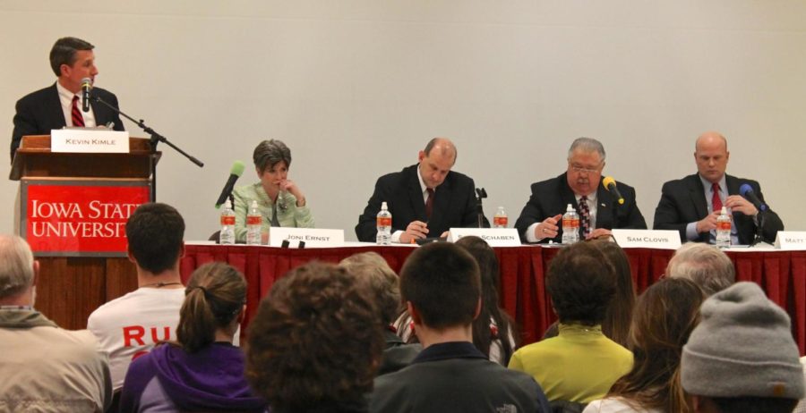 As part of the Campaign 2014 Series, the ISU College Republicans provided a forum to connect voters to candidates running for a senatorial seat in the June primary elections. The candidates included Joni Ernst, left, Scott Schaben, Sam Clovis and Matt Whitaker. Each presented highlights into their respective platforms and responded to a series of questions from both the moderator and the audience. 