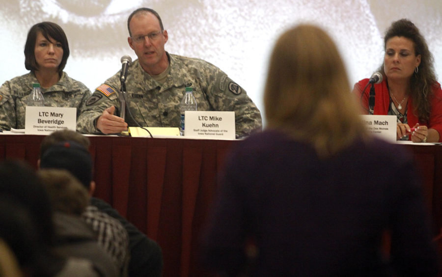 Lt. Col. Mike Kuehn, staff judge advocate for the Iowa National Guard, explains the current procedure for rape victims in the military. The Invisible War is an investigative documentary about rape within the U.S. Military. The documentary was shown on April 15 in the Sun Room of the Memorial Union.