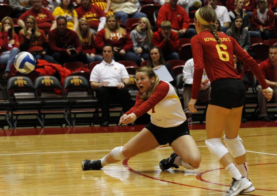 Sophomore defensive specialist Caitlin Nolan digs during the Cyclones sweep of TCU on October 26.