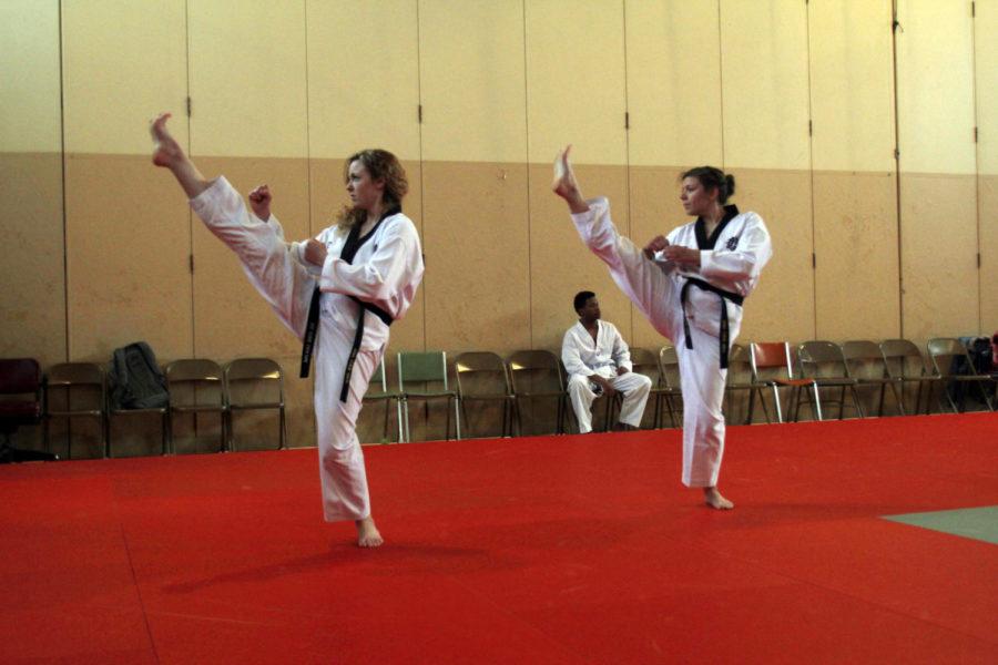 Emma Dostal and Molly Conway practice Taegeuk 8 during his Taekwondo practice on April 14. The Taekwondo team was practicing at Forker Hall after recently competing in the National Collegiate Taekwondo Championship from April 4-6.