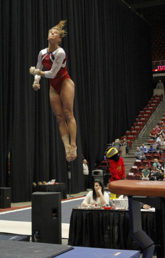 Junior Caitlin Brown competes in the vault on March 7 at Hilton Coliseum. Brown received a 9.775 for her vault in the Cyclones 195.925-192.775 victory against Iowa.