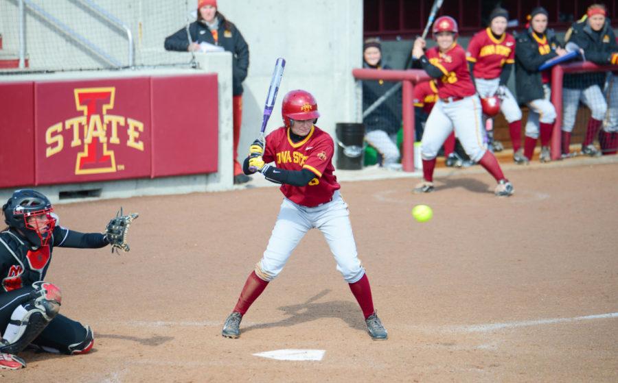 Senior second baseman Sara Davison hits the ball during Iowa States game against Northern Illinois on March 23 at Cyclone Sports Complex.
