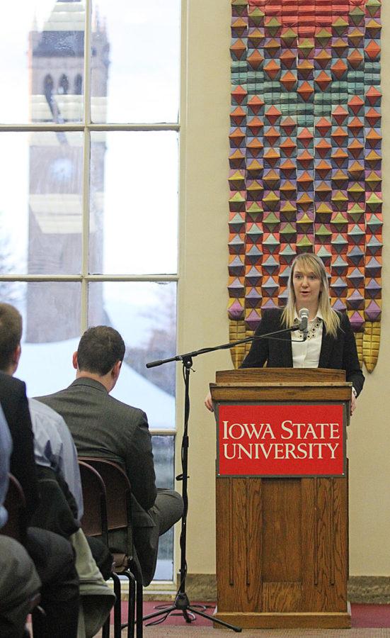 New GSB President Hillary Kletscher gives a speech after she gets sworn into office April 7 in the Campanile Room in the Memorial Union.