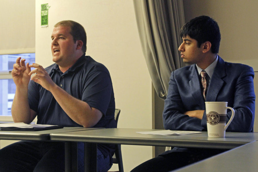 Spencer Hughes and Abhijit Patwa discuss the role that the Government of the Student Body will play in Financial Counseling Services in the next academic year. The meeting took place at the Multicultural Center on April 1 in the Memorial Union.