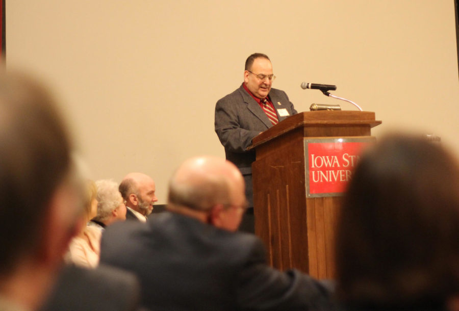 Michael Bugeja, director of the Greenlee School of Journalism and Communication, speaks about Bill Kunerth, past professor for 31 years at Iowa State and First Amendment activist, during a Champion of the First Amendment ceremony.