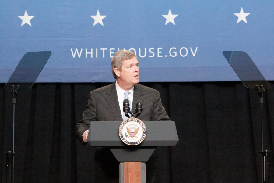 U.S. Secretary of Agriculture Tom Vilsack introduces Vice President Joe Biden to the audience on Thursday, March 1, in the Howe Hall atrium.

