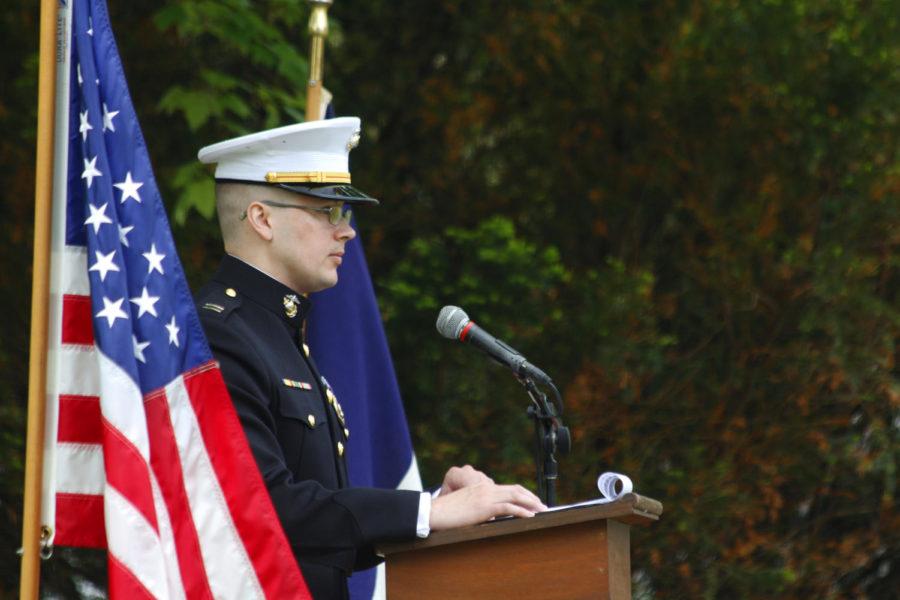 Capt. Jake Dobberke, a retired United States Marine who grew up in Ames, was the main speaker at the Memorial Day ceremony at the Ames Municipal Cemetery on May 26.