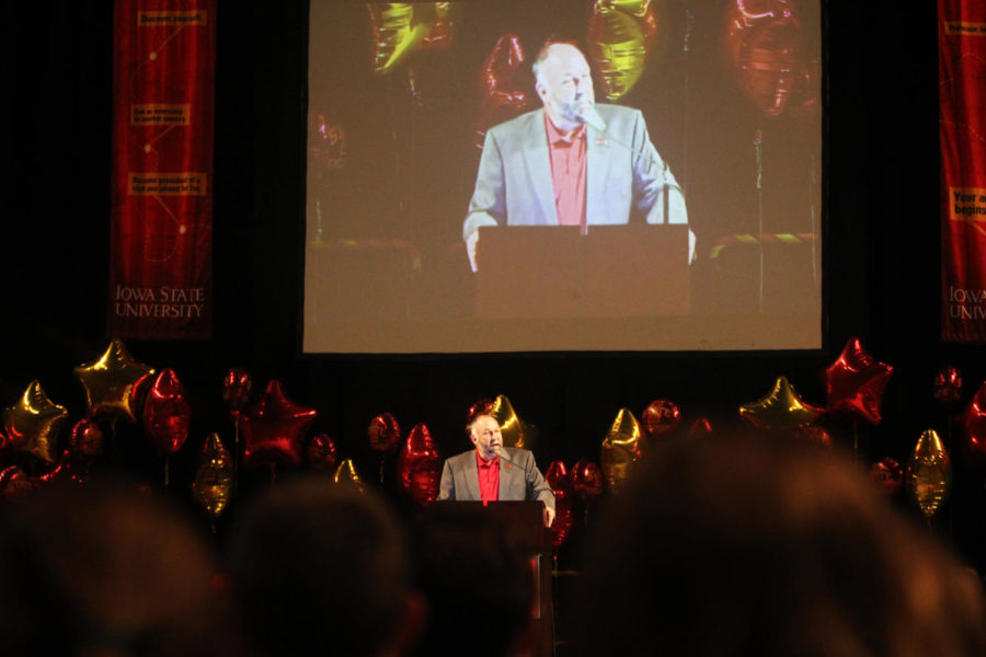 President Steven Leath welcomes freshman at Destination Iowa State kick-off event at Hilton Coliseum on Aug. 22. In his speech, Leath told students he hopes to see all of them graduate.