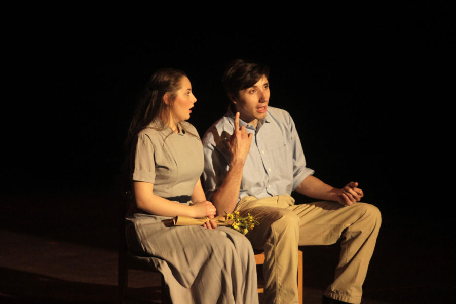 Elizabeth Thompson, who plays Nan, and Dan Poppen, who plays Don, act in a scene during their performance of My Grandparents in the War. The show will be playing at 7:30 p.m. May 1-3 and at 2 p.m. May 4 at Fisher Theater.