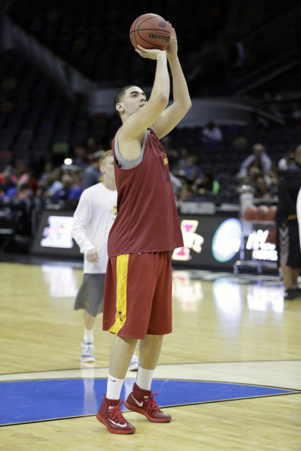 Sophomore forward Georges Niang practices his inside shot. The Iowa State mens basketball team had an open practice Thursday, March 20 at the AT&T Center in San Antonio, Texas. 