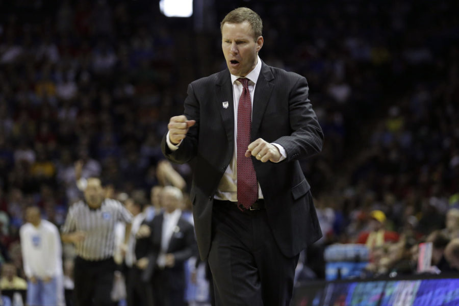 Mens basketball head coach Fred Hoiberg reacts to a no foul call shortly after another no foul call during Iowa States 85-83 win over North Carolina on March 23 at the AT&T Center in San Antonio, Texas.