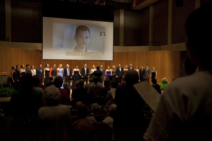 Courtesy of the Iowa State University Foundation. Iowa State alumni sing at the first concert in 2012 at Martha-Ellen Tye Recital Hall in Music Hall.