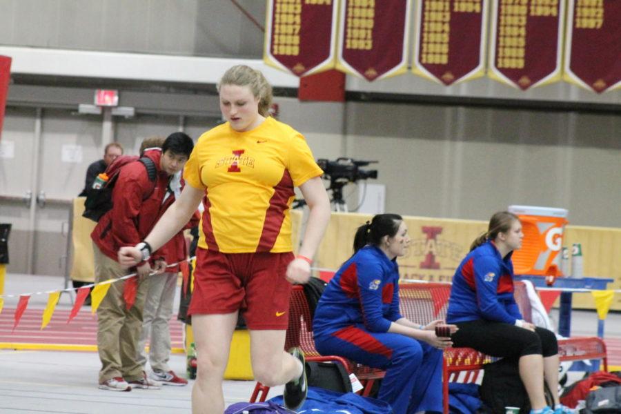 At the Iowa State Big 12 Track and Field Championships, Christina Hillman, junior in throwing events, prepares for her last throw in the womens shot put finals. Hillman later took away first place with a throw of 17.18 meters. 