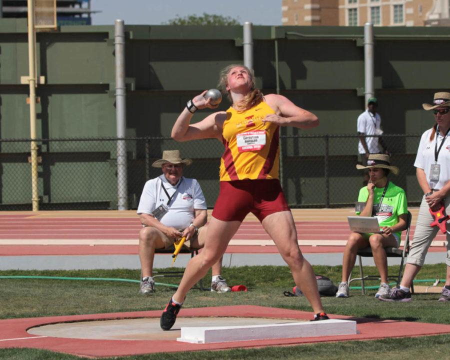 Christina Hillman throws the shot put at the 2014 Big 12 Championships where she came away with the title. Hillman caught the attention of college scouts with very little training or experience.