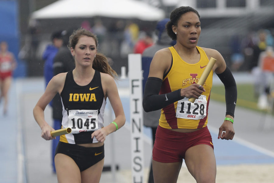Senior Ejiro Okoro runs in the 4x1600 relay during the womens final at the Drake Relays on April 24 at Drake Stadium. Iowa State placed second with a school best time of 19:13:62.
