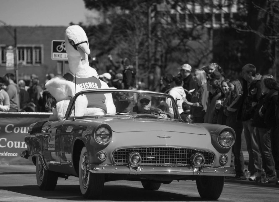 Swanson, the official mascot of Veishea, rides in a car during the parade on April 20, 2013. President Steven Leath discontinued Veishea on Aug. 7, 2014, after the Veishea Task Force submitted a recommendation to end the event earlier in the summer.