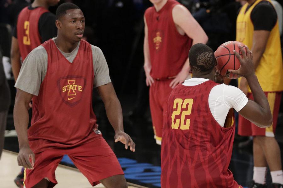 Junior forward Dustin Hogue goes up against fellow junior forward Daniel Edozie during the Cyclones open practice on March 27 at Madison Square Garden in New York City.