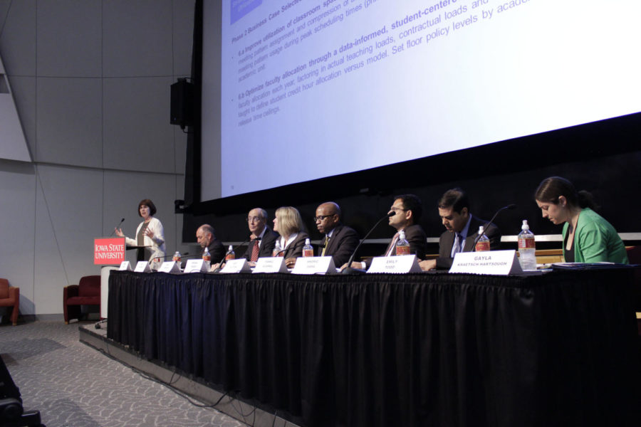 Gayla Kraetsch Hartsoug speaks about academic programs at the Board of Regents efficiency open forum June 24. From left: President Steven Leath, left, Larry McKibben, Rick Ferraro, Virginia Fraser, Gary Sutton, Pankaj Agarwal, Shomic Saha and Emily Todd answer questions at the forum.