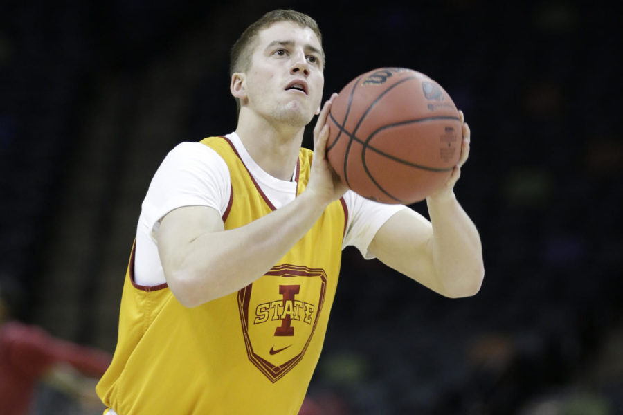 Freshman guard Matt Thomas practices his shot. The Iowa State mens basketball team had an open practice Thursday, March 20 at the AT&T Center in San Antonio, Texas. 
