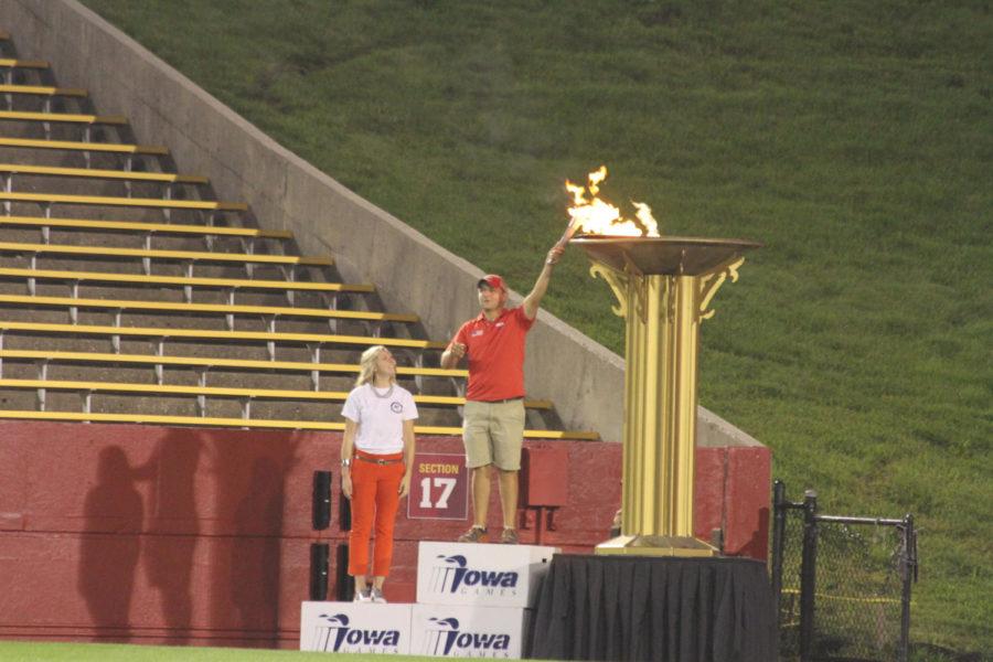 A torch is lit to officially begin the Iowa Games at the opening ceremony on July 18. Thousands of athletes from all across Iowa will compete in Olympic-style sports on the ISU campus.