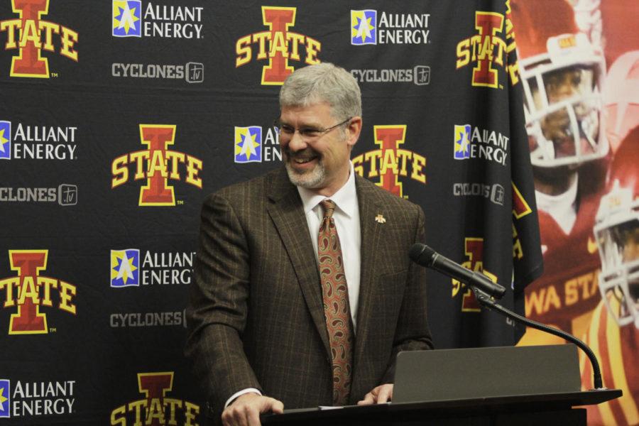 ISU coach Paul Rhoads jokes with the media about the power of JUCO recruit Jordan Harris to knock peoples fillings loose during the National Signing Day press conference Feb. 5.