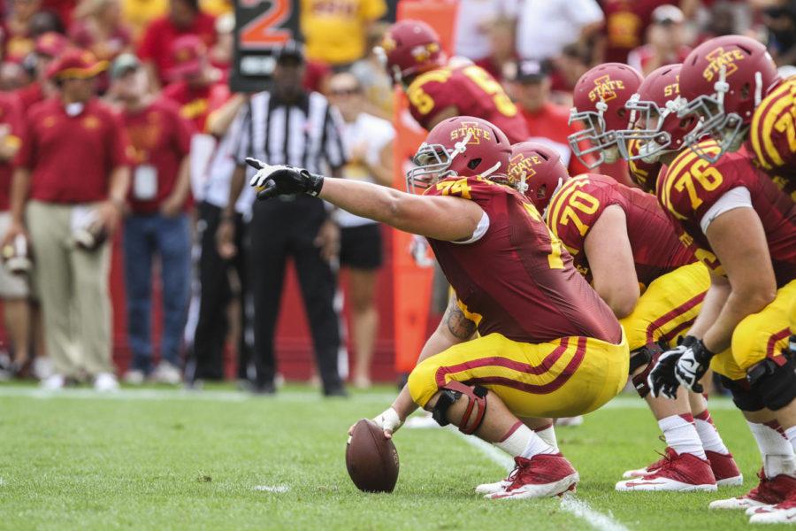Redshirt senior offensive line center Tom Farniok calls out a play during the North Dakota State game Aug. 30 at Jack Trice Stadium. The Cyclones fell to the Bison 14-34.