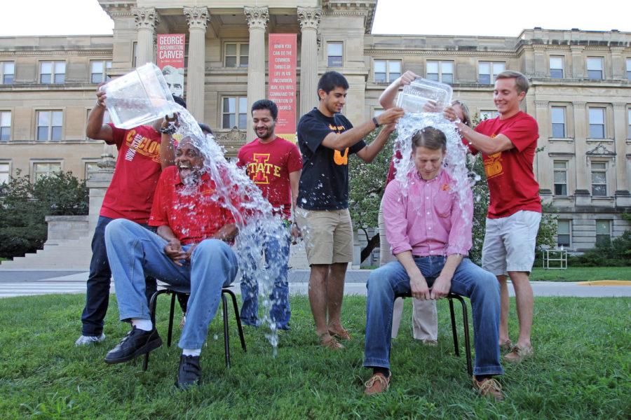 Tom Hill, senior vice president for student affairs, and Miles Lackey, associate vice president and chief of staff, participated in the ALS Ice Bucket Challenge on Aug. 26 in front of Beardshear Hall. Hill nominated Warren Madden, senior vice president for business and finance, and Jonathan Wickert, senior vice president and provost.