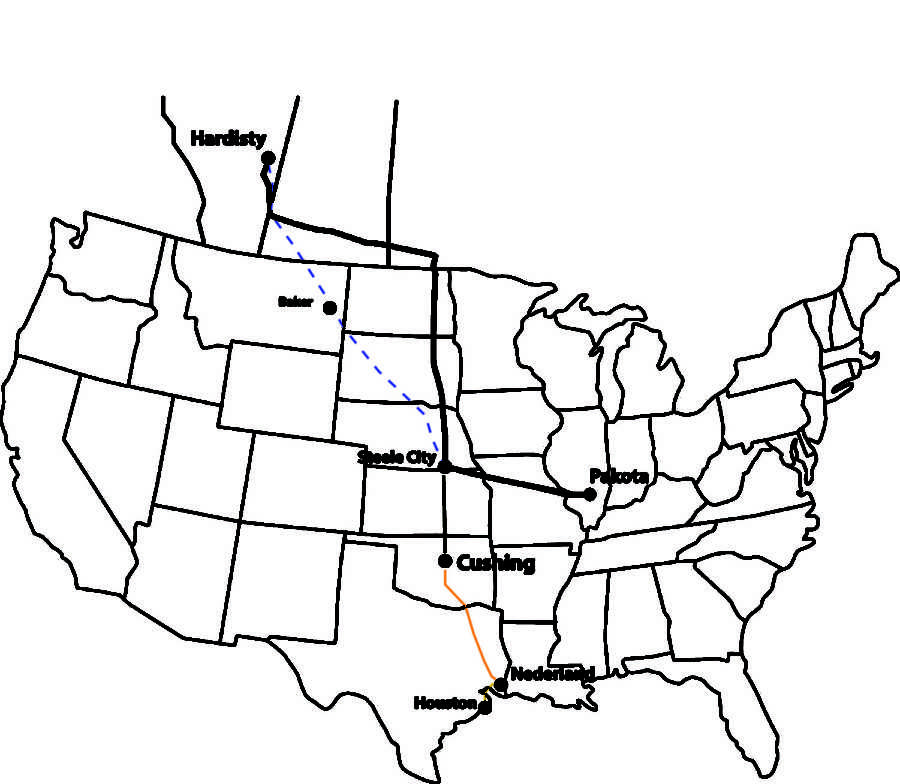 The Keystone pipeline currently runs through eastern North and South Dakota and Nebraska and brings oil to refineries in Illinois and Texas.