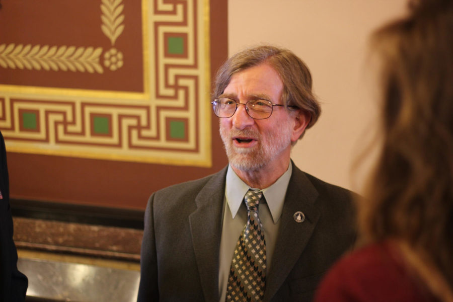 Senator Herman Quirmbach speaks with members of the Government of the Student Body and ISU Ambassadors at the Capitol Building on Regents Day Thursday, March 29.