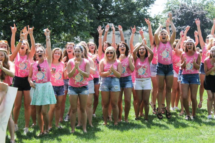Sisters await the new recruits arrival at bid day Aug. 21.