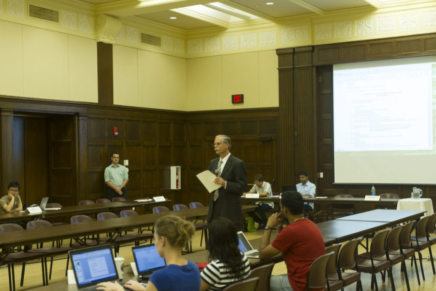 James Davis, Iowa States chief information officer, gives a presentation on the upgrades to the cross-campus wireless service during the Graduate and Professional Student Senate meeting Aug. 25.
