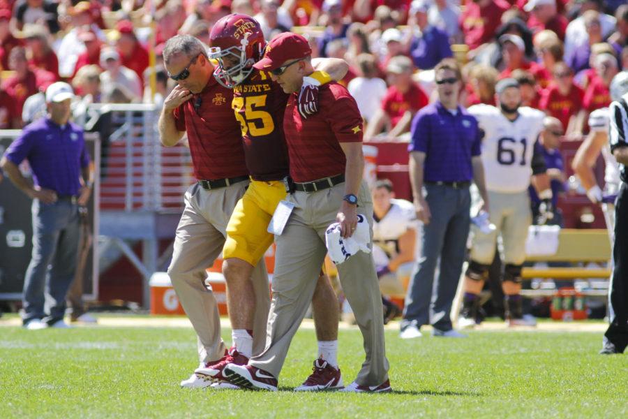 Redshirt sophomore linebacker Levi Peters was helped off the field during the game against Kansas State on Sept. 6 at Jack Trice Stadium. The Cyclones led for much of the game but couldnt maintain their lead in the second half, and the Wildcats won 32-28.