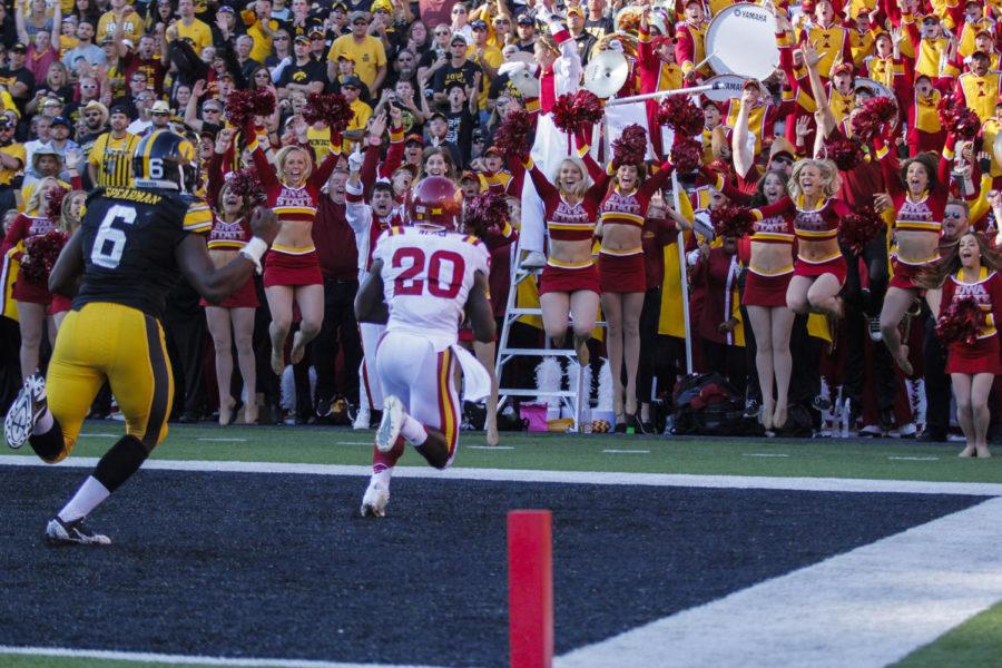 Redshirt junior DeVondrick Nealy scores a touchdown in the fourth quarter during the Iowa Corn Cy-Hawk Series game against Iowa on Sept. 13 at Kinnick Stadium in Iowa City. The Cyclones defeated the Hawkeyes 20-17.