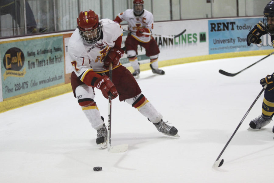 Junior forward Trevor Lloyd attempts to score during the game against University of Central Oklahoma on Feb. 15 at Ames/ISU Ice Arena. The Cyclones fell to the Broncos 6-3 in their final game of the regular season.