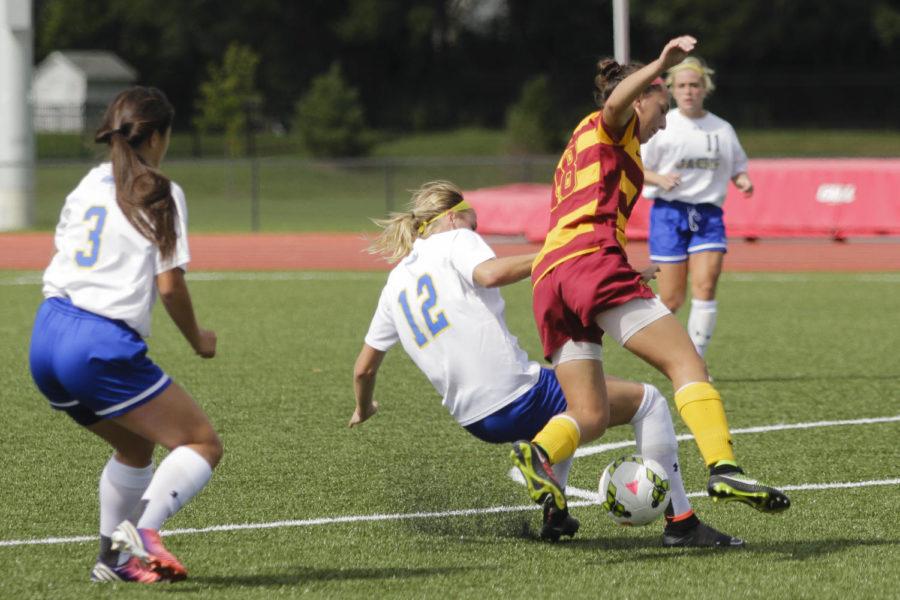 Hayley Womack runs the ball down the field during Iowa States 2-1 loss to South Dakota State on Sept. 21 at the Cyclone Sports Complex. This game ended the soccer teams nonconference schedule.