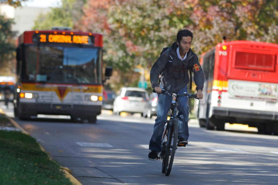 Every day, hundreds of cyclists compete for road space with drivers, pedestrians, and the CyRide. Iowa State’s campus follows the same rules for cyclists as the state of Iowa, which means that bicycles are given the same rights and responsibilities as any other driver according to the Ames Municipal Code.