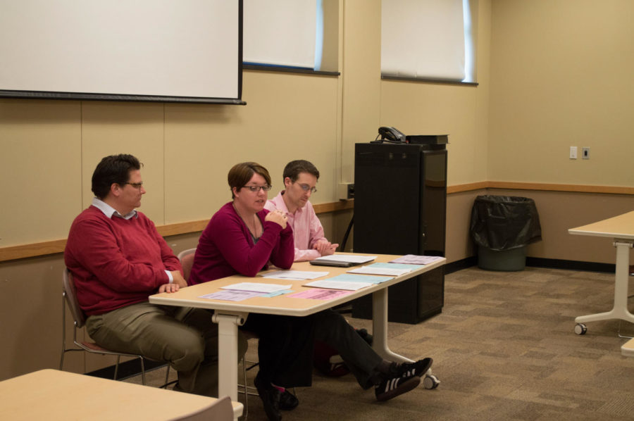 LGBT discussion panel members Dr. Katy Jaekel, Elza McGaffin and Brad Freihoefer discuss guidelines for gender fluidity Sept. 23 at the Union Drive Community Center in room 136.