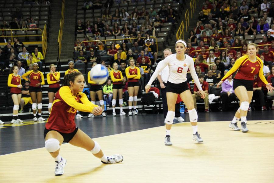Junior+Taylor+Goetz+goes+for+a+dig+during+the+match+at+Iowa+on+Saturday%2C+Sept.+21%2C+at+Carver-Hawkeye+Arena+in+Iowa+City.+The+Cyclones+defeated+the+Hawkeyes+3-1.